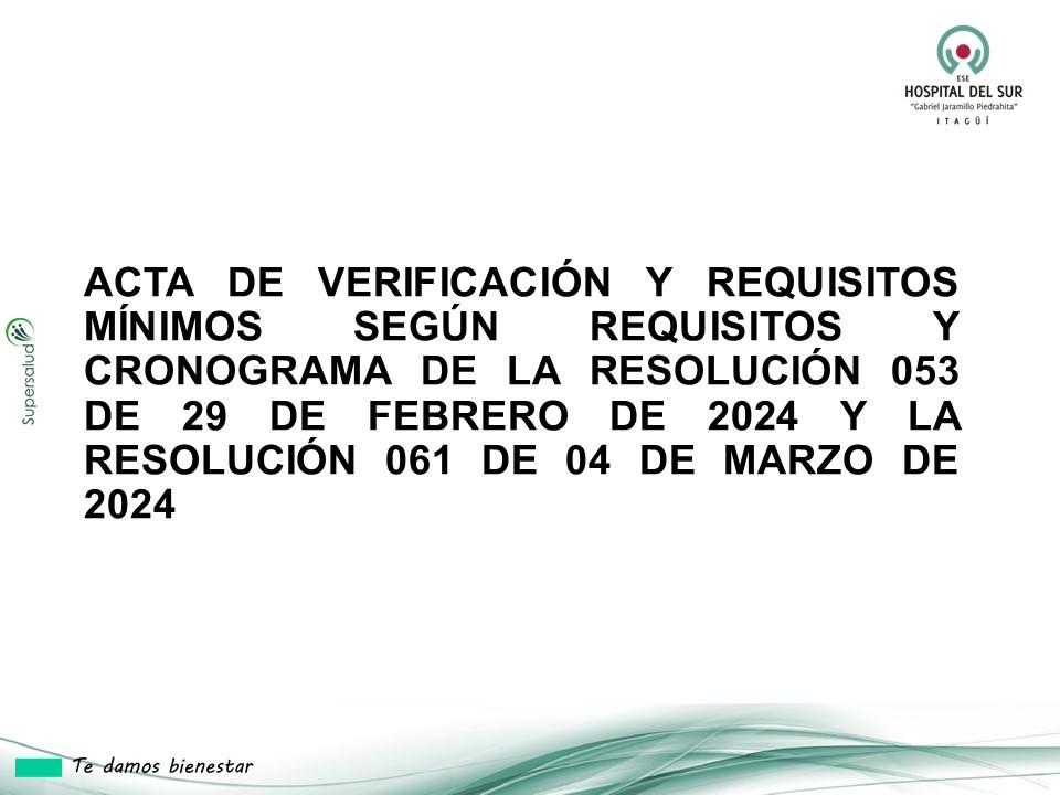 ACTA DE VERIFICACIÓN Y REQUISITOS MÍNIMOS SEGÚN REQUISITOS Y CRONOGRAMA DE LA RESOLUCIÓN 053